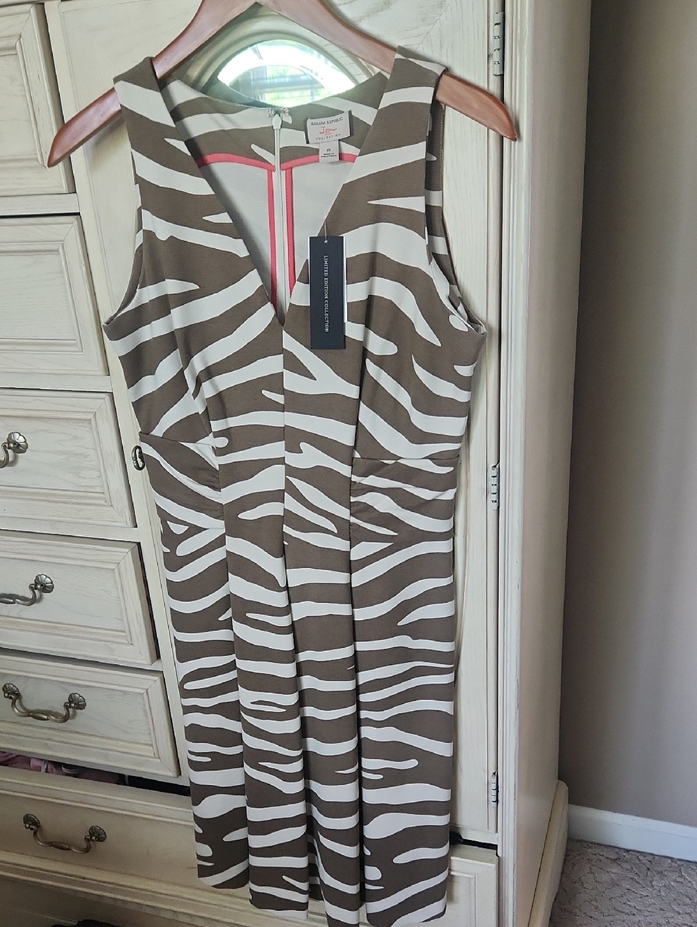Banana Republic Zebra-Pattern Dress in Taupe, White & Coral Trim